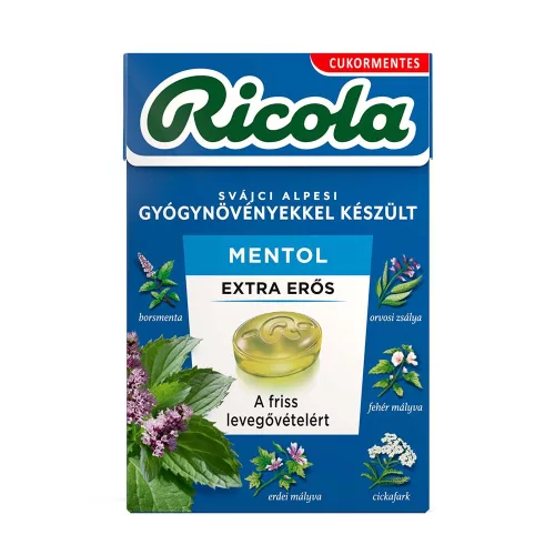 Ricola Extra Erős Mentol cukormentes svájci gyógynövényes cukorka- 40g