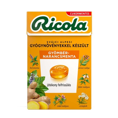 Ricola Gyömbér-narancsmenta cukormentes svájci gyógynövényes cukorka-40 g