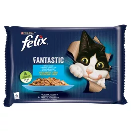   FELIX FANTASTIC lazaccal/lepényhallal aszpikban nedves macskaeledel - 4x85g