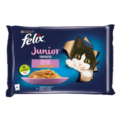 FELIX FANTASTIC Junior Csirkével/Lazaccal aszpikban nedves macskaeledel - 4x85g