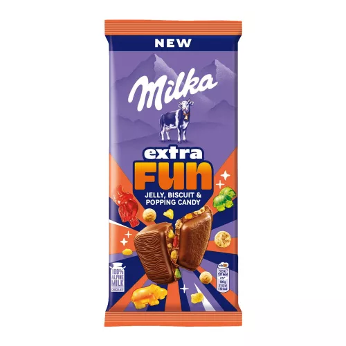 Milka Extra Fun tejcsokoládé keksszel, gumi-és robbanócukorral - 150g