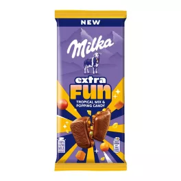   Milka Extra Fun tejcsokoládé trópusi gyüm darabokkal, robbanócuk - 150g
