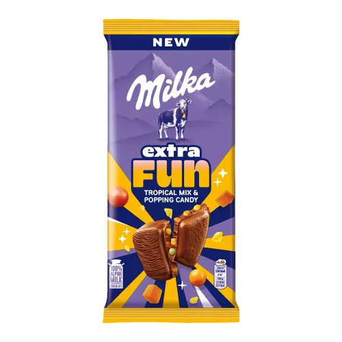 Milka Extra Fun tejcsokoládé trópusi gyüm darabokkal, robbanócuk - 150g