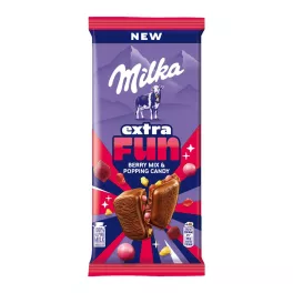   Milka Extra Fun tejcsokoládé bogyós gyüm darabokkal, robbanócukorral - 150g