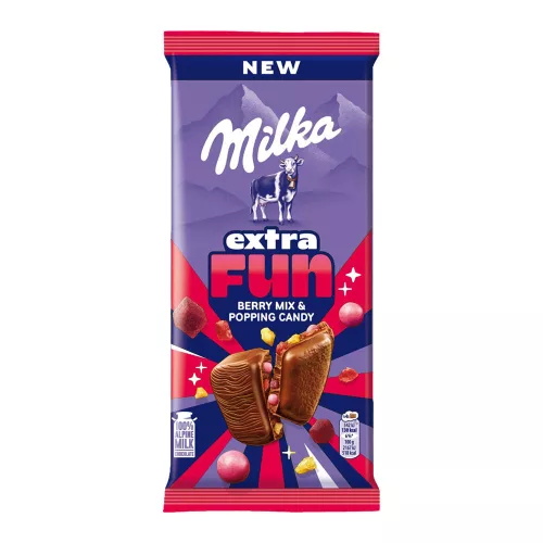 Milka Extra Fun tejcsokoládé bogyós gyüm darabokkal, robbanócukorral - 150g